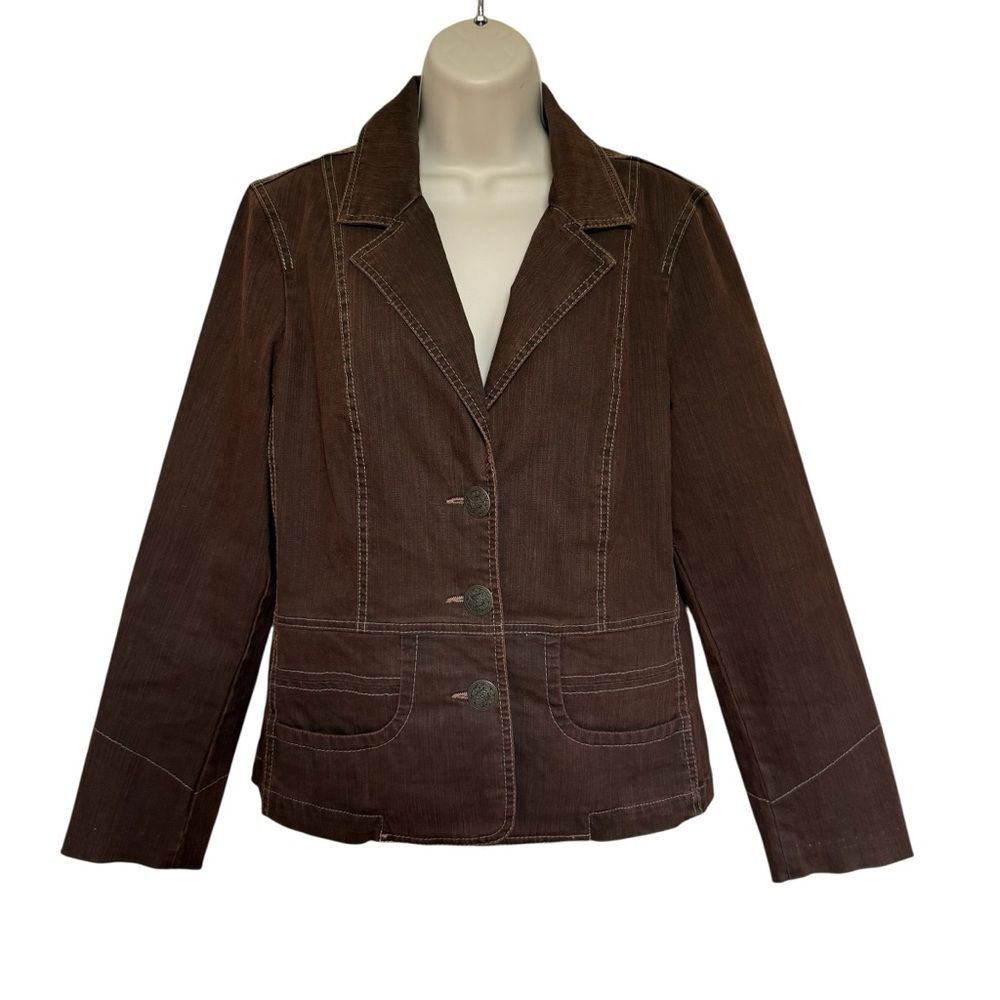 Vintage Tribal Brown Denim Jacket Blazer Y2K Stretch Decorative Button Sz 10